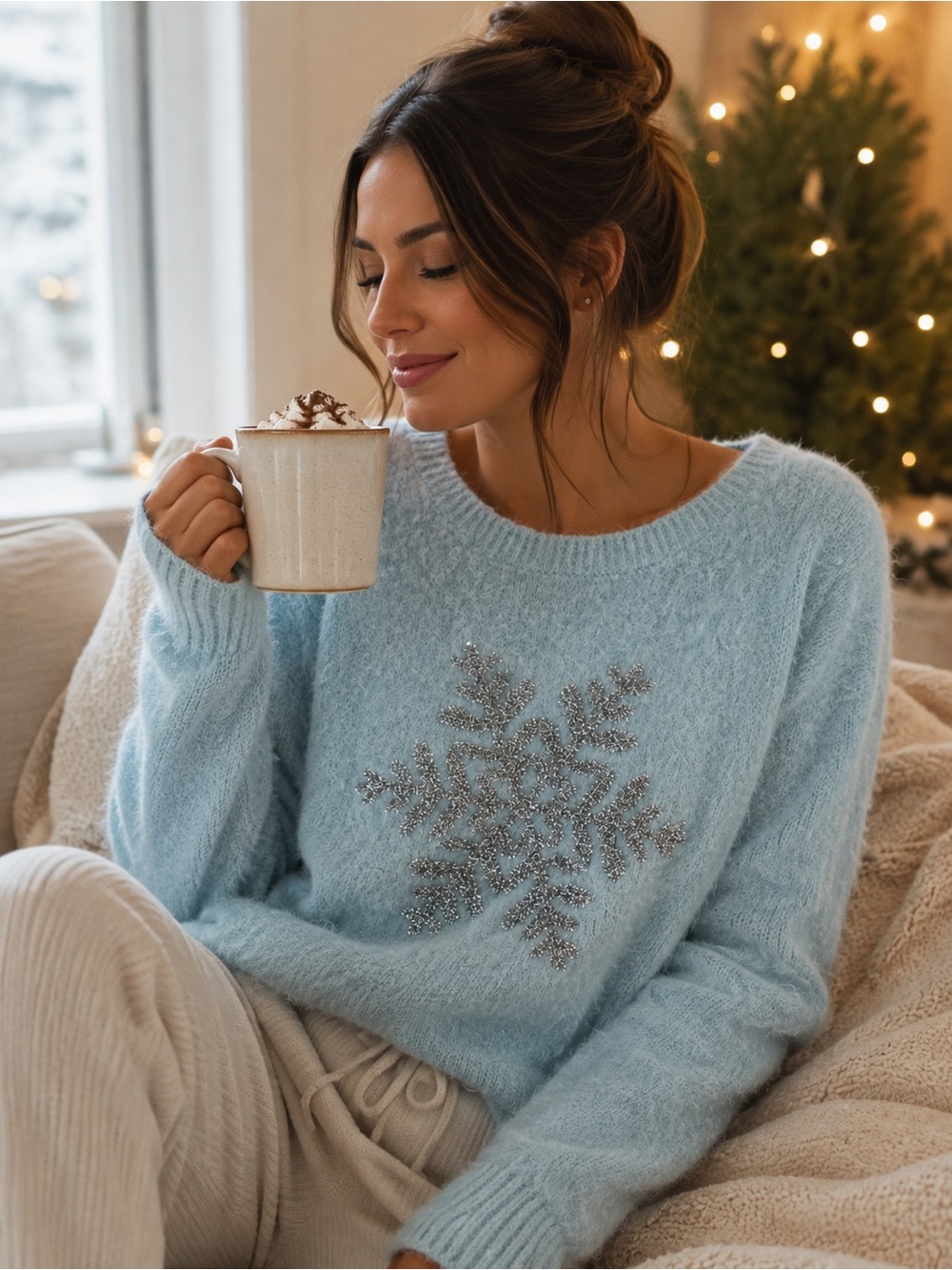 LC Lauren Conrad Women’s M Blue Fuzzy Snowflake Sweater Holiday Winter